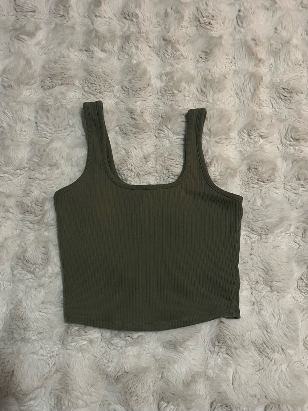 Olive Ribbed Square-Neck Crop Tank Top, Size US M.